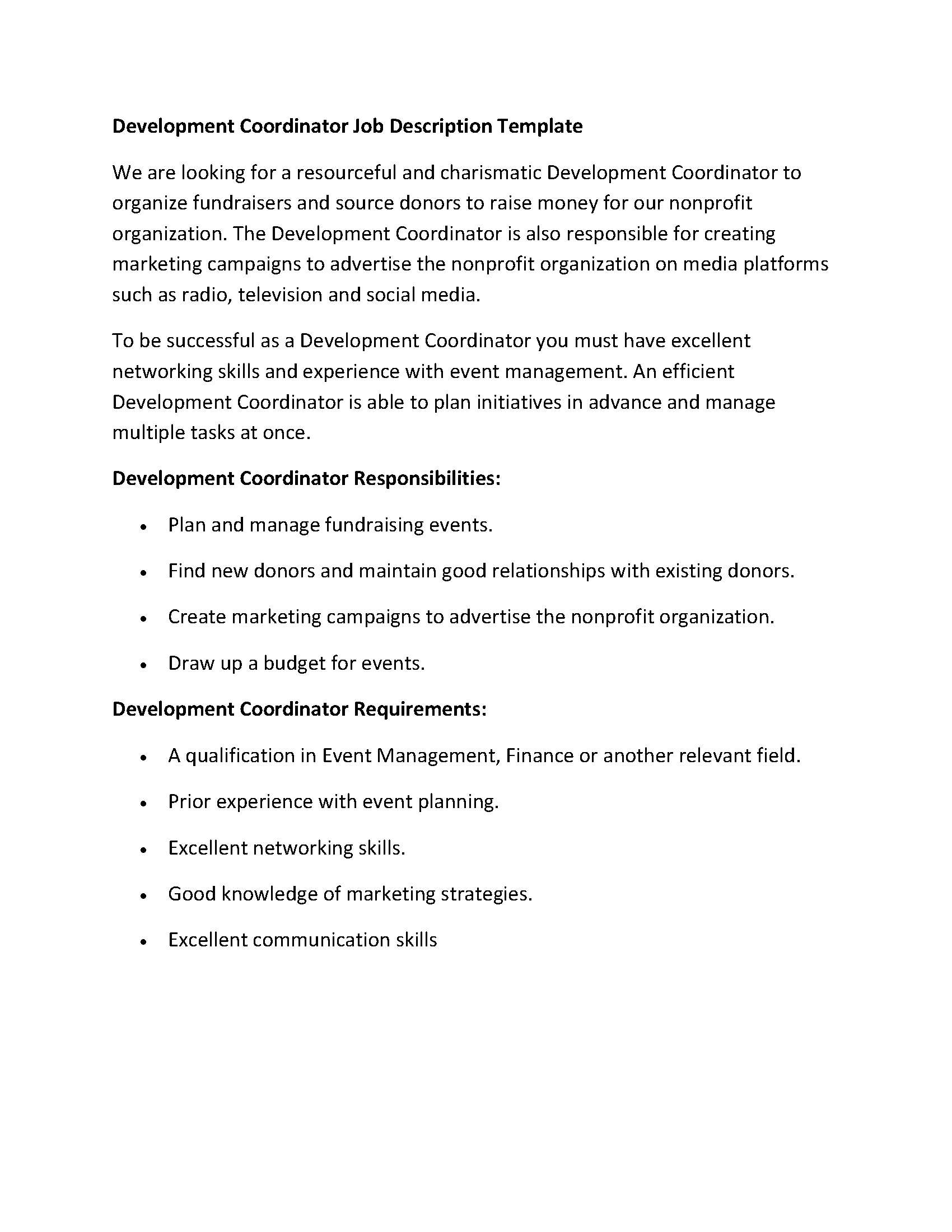 Development Coordinator Job Description Template